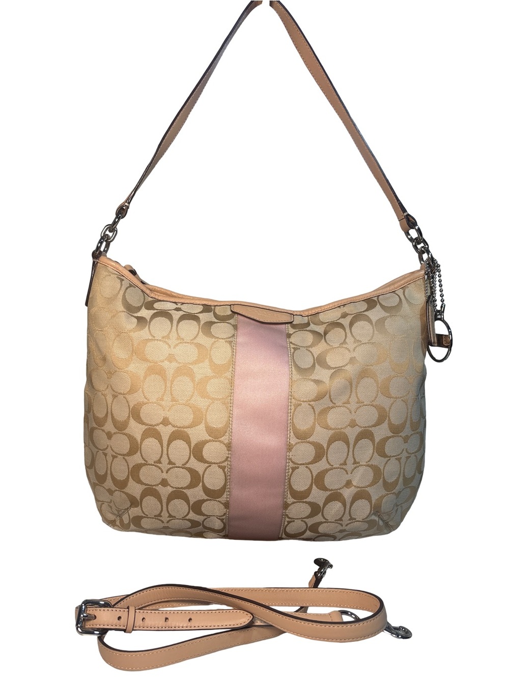 Coach F29941 Signature Stripe Convertible Hobo Crossbody Khaki and Pink w/ Charm